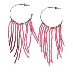 Silver-Tone Tassel Beaded Hoop Earrings – Pink Seed Beads